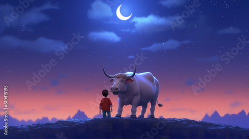 3d cute bull and a muslim boy gazing at the crescent, eid ul azha celebration festival