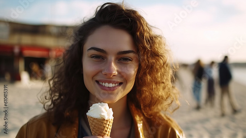 Attractive young woman on the beach proudly showing the camera an ice cream on a sunny day.Generative AI