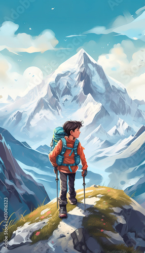 Boy hiker on the top of mountain, landscape illustration art. Generative AI
