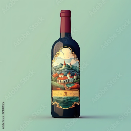 Alcohol drinks, wine label with art of nature and mount. Generative AI