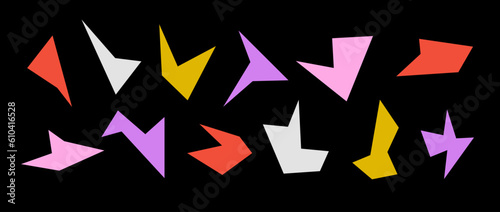 Simple colorful sharp irregular shapes set. Abstract geometric acute elements collection. Asymmetry angular forms for banners, collages, posters, stickers. Vector design bundle on dark background. 