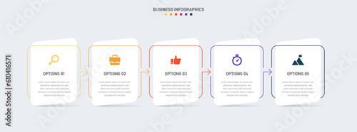 Timeline infographic with infochart. Modern presentation template with 5 spets for business process. Website template on white background for concept modern design. Horizontal layout.