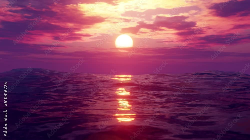 Waving ocean in sunset. 3d render. Seamless loop