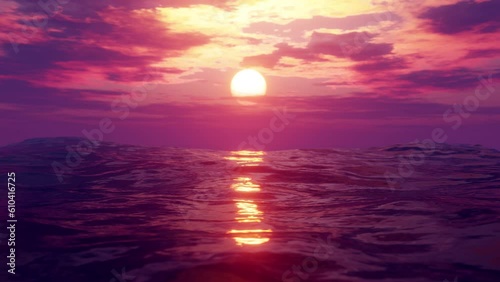 Waving ocean in sunset. 3d render. Seamless loop