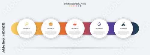 Timeline infographic with infochart. Modern presentation template with 5 spets for business process. Website template on white background for concept modern design. Horizontal layout.