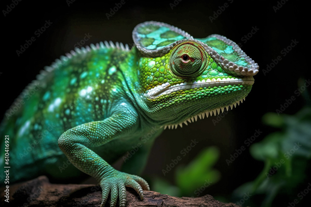 Green Chameleon on dark background. Generative AI illustration