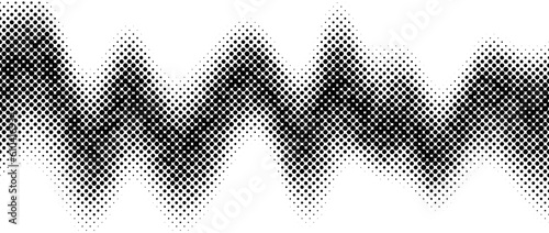 Halftone wave gradient texture. Faded noise grain wallpaper. Black and white grunge grit surface. Pixelated speckles, dots and particles. Vector backdrop overlay
