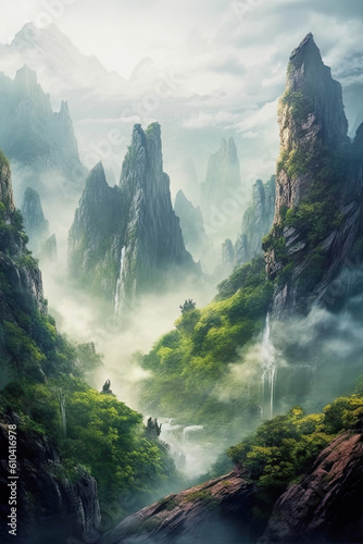 vertical illustration of a foggy landscape with overgrown mountains  generative ai