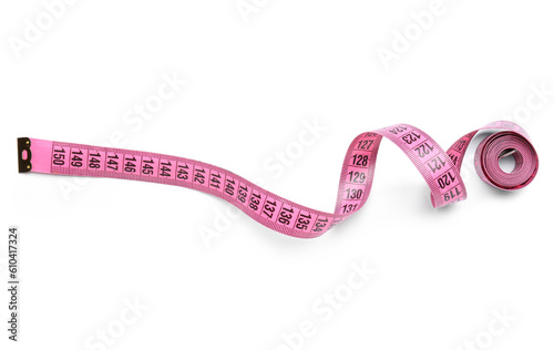Pink tape measure on white background