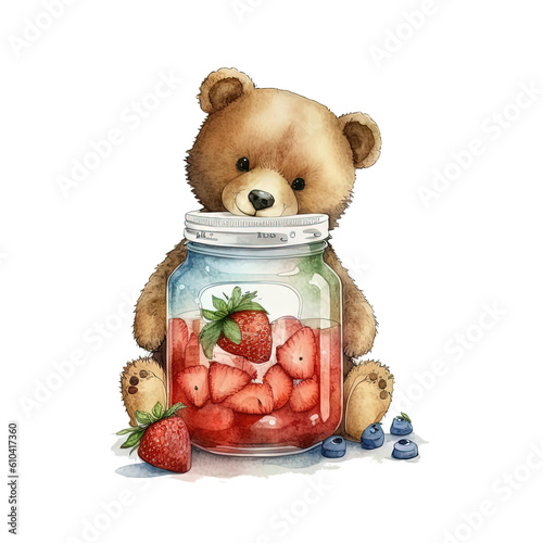 Watercolor bear with jam jar. Illustration Generative AI.
