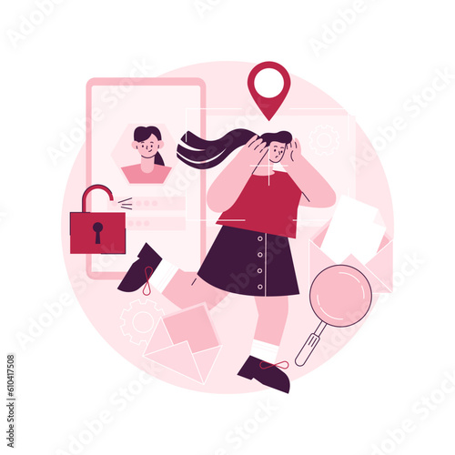 Cyberstalking abstract concept vector illustration. Pursuit of social identity, online false accusations, cyberstalking, internet harassment, cyber crime, realtime stalking abstract metaphor.