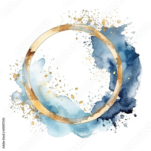 Blue and golden watercolor frame. Illustration AI Generative.