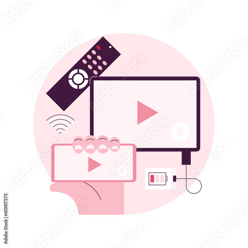 SmartTV technology abstract concept vector illustration. Internet television, online streaming technology, smart TV accessories, home cinema entertainment, 4k resolution video abstract metaphor.