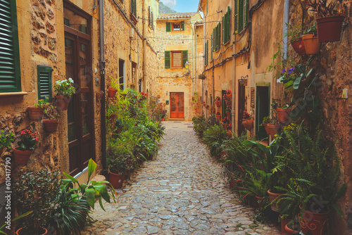 Valldemossa typical village with plants pots in facades at Mallorca island, Spain
