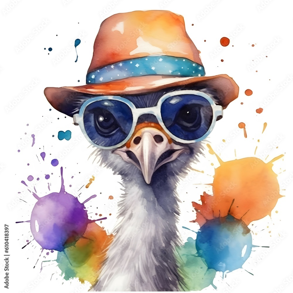 please create watercolor clipart of a ostrich, smiling, wearing party