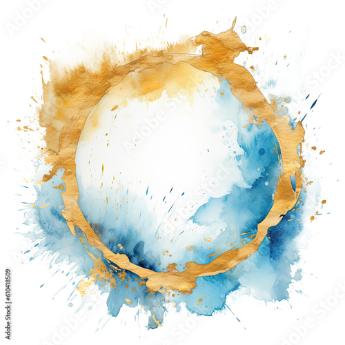 Blue and golden watercolor frame. Illustration AI Generative.