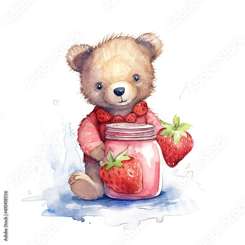Watercolor bear with jam jar. Illustration AI Generative.
