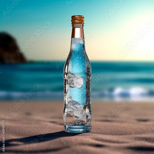 Bottle of water with ice cubes on the beach. Summer background.AI Generated