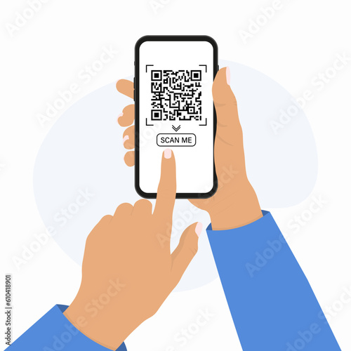 QR code scanning concept banner. Male hand holding Mobile phone with qr code on screen. Flat style illustration. 