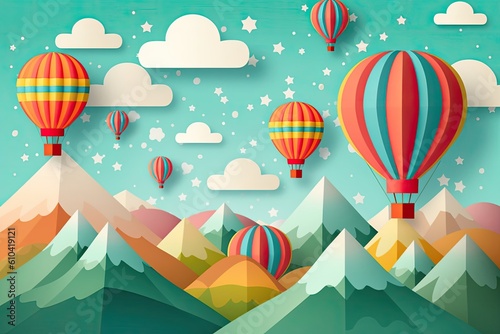Whimsical hot air baloons papercut illustration - Generative AI. photo