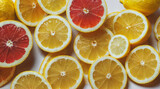 Lemons and grapefruit slices, citrus background, flat lay, top-down banner, website header for summer, bar, restaurant. Generative AI.