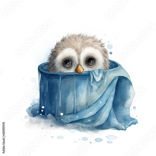 Cute watercolor owl. Illustration AI Generative.