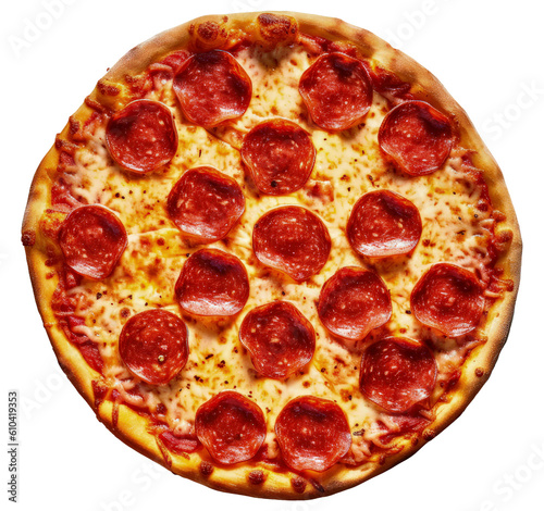 tasty pepperoni pizza shot down on isolated transparent background made with generative AI
