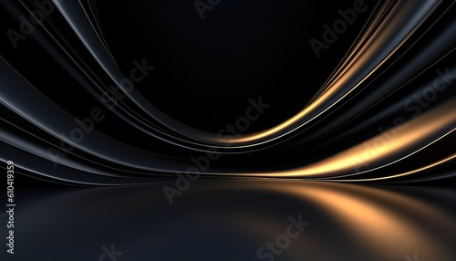 Beautiful black abstract luxury background with 3D texture of wavy lines with golden elements and smooth podium