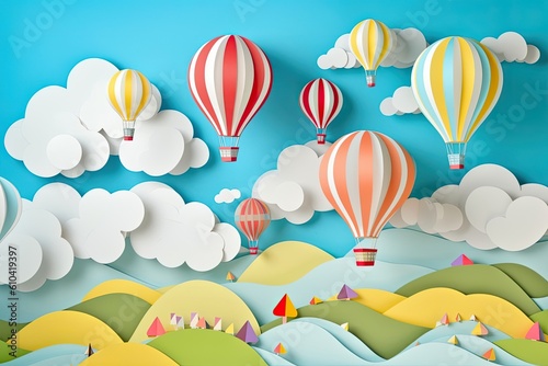 Whimsical hot air baloons papercut illustration - Generative AI.
