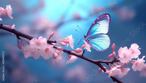 Beautiful blue butterfly in flight over branch of flowering apricot tree in spring at Sunrise on light blue and violet background macro. Amazing elegant artistic image nature in spring © Eli Berr