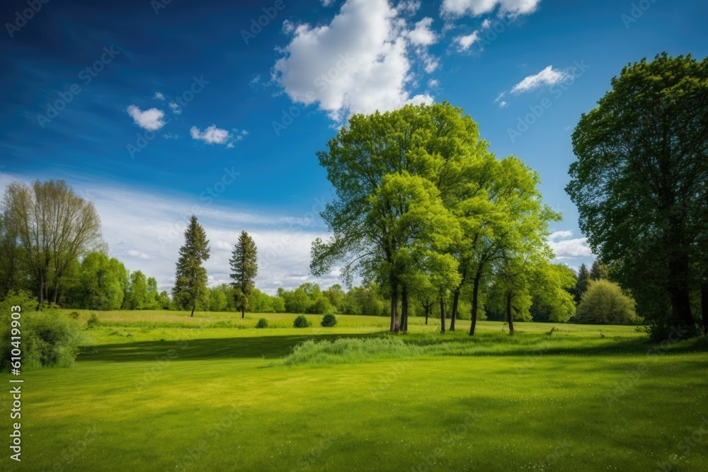 Naklejka premium The grass is green, and the sky is blue. Generative AI