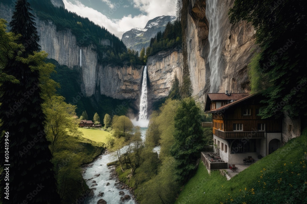 View of a waterfall in Lauterbrunnen village in the summer. Switzerlands Swiss Mountains, the Bernese Oberland, and the canton of Bern all have stunning beauty. History of a travel Generative AI