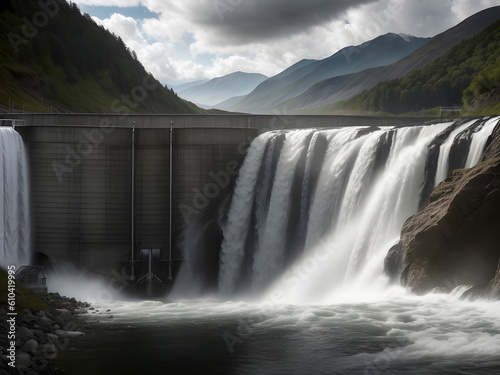 Hydroelectric power plant next to a dam with waterfall, Generative AI