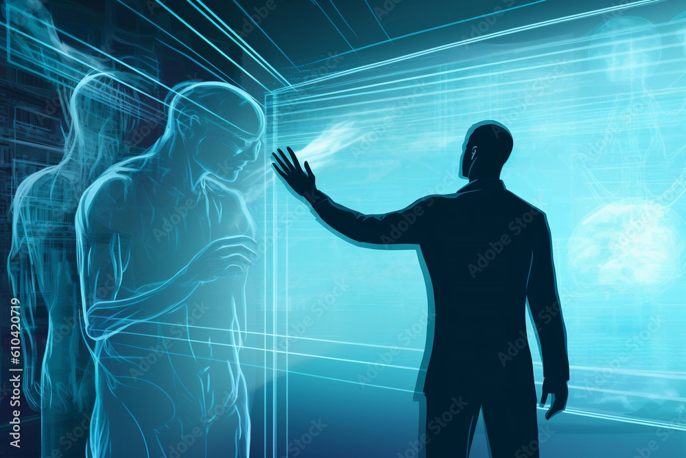 a scientist holds a hand in a field and a computer screen, in the style of light teal and light gray, medical themes, kinetic lines and curves, sharp focus, machine-like precision, silhouette figures, a scientist holds a hand in a field and a computer screen, in the style of light teal and light gray, medical themes, kinetic lines and curves, sharp focus, machine-like precision, silhouette figures,