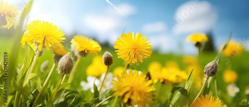 Beautiful flowers of yellow dandelions in nature in warm summer or spring on meadow against blue sky, macro. Dreamy artistic image of beauty of environment © Eli Berr