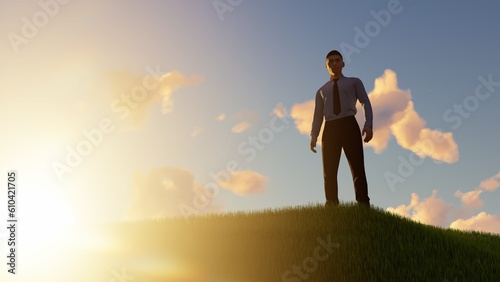 Happy Businessman outdoors on a grassy hill
