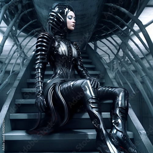 a cyberpunk woman dressed in black latex bodysuit, fictional person created with generative ai