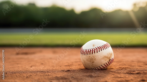 A white leather baseball lying on top of the pitcher s mound at a baseball field with copy space Generative AI