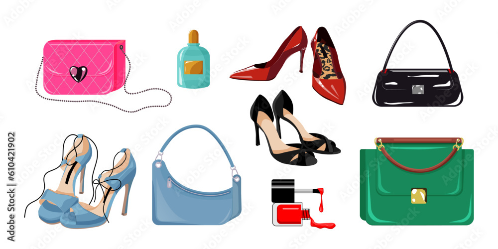 Bags, shoes, perfume and nail polish. Set of stylish women s accessories.