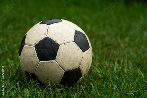 Soccer ball in the green wet grass