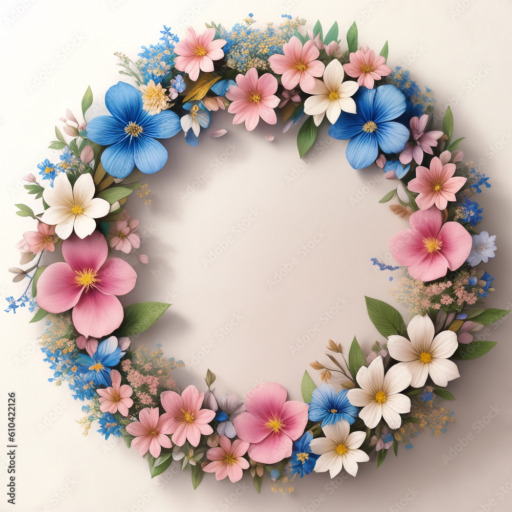 Large wreath with leaves and pink, blue flowers. Illustration in vintage watercolor style. Romantic design.