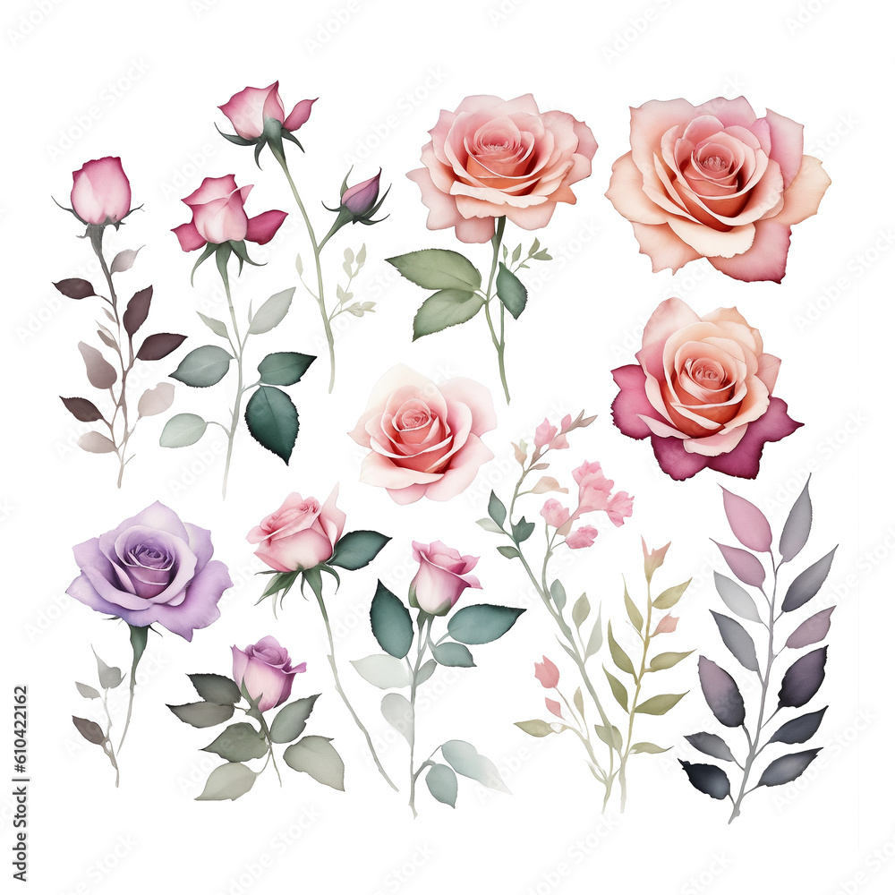 Watercolor set, roses. Elements of buds and flowers on a white background. For postcards, invitations and packaging. Generative AI