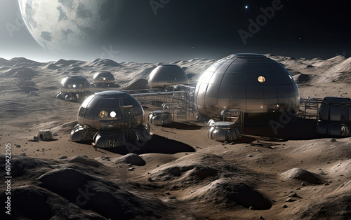 Futuristic space colony settled over the surface of a deserted planet. Generative AI