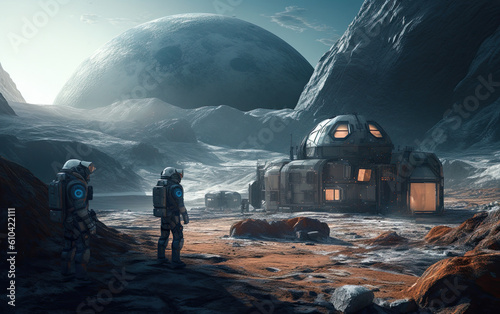 Futuristic scene with 2 astronauts walking over the surface of a remote planet towards a space station. 
