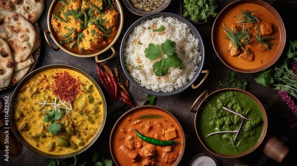 Top view of assorted indian curry and rice dishes ai generative - obrazy, fototapety, plakaty 