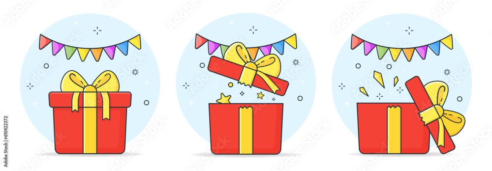 Gift boxes. Set of different real hand drawn boxes. A surprise in a box. Vector on a white background. Gift boxes. Set of different real hand drawn boxes. A surprise in a box. Vector on a white background.