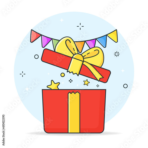 red surprise gift box with a present. Special gift package, great gift with exclamation mark, vector icon on white background, flat illustration.