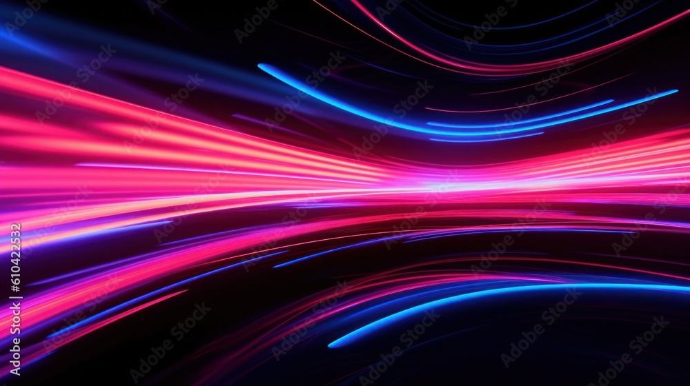 Neon lines in shades on a dark background, with a futuristic and minimalist aesthetic. Illustration AI Generative.