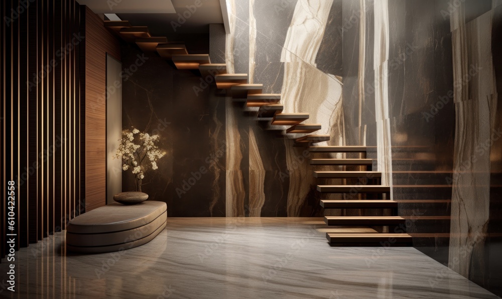 Fototapeta premium Modern interior with stairs, white furniture, and brushed, in the style of dark beige and bronze Illustration AI Generative.