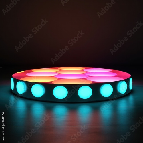 Neon circle, in the style of matte background, minimalist stage designs, dark...